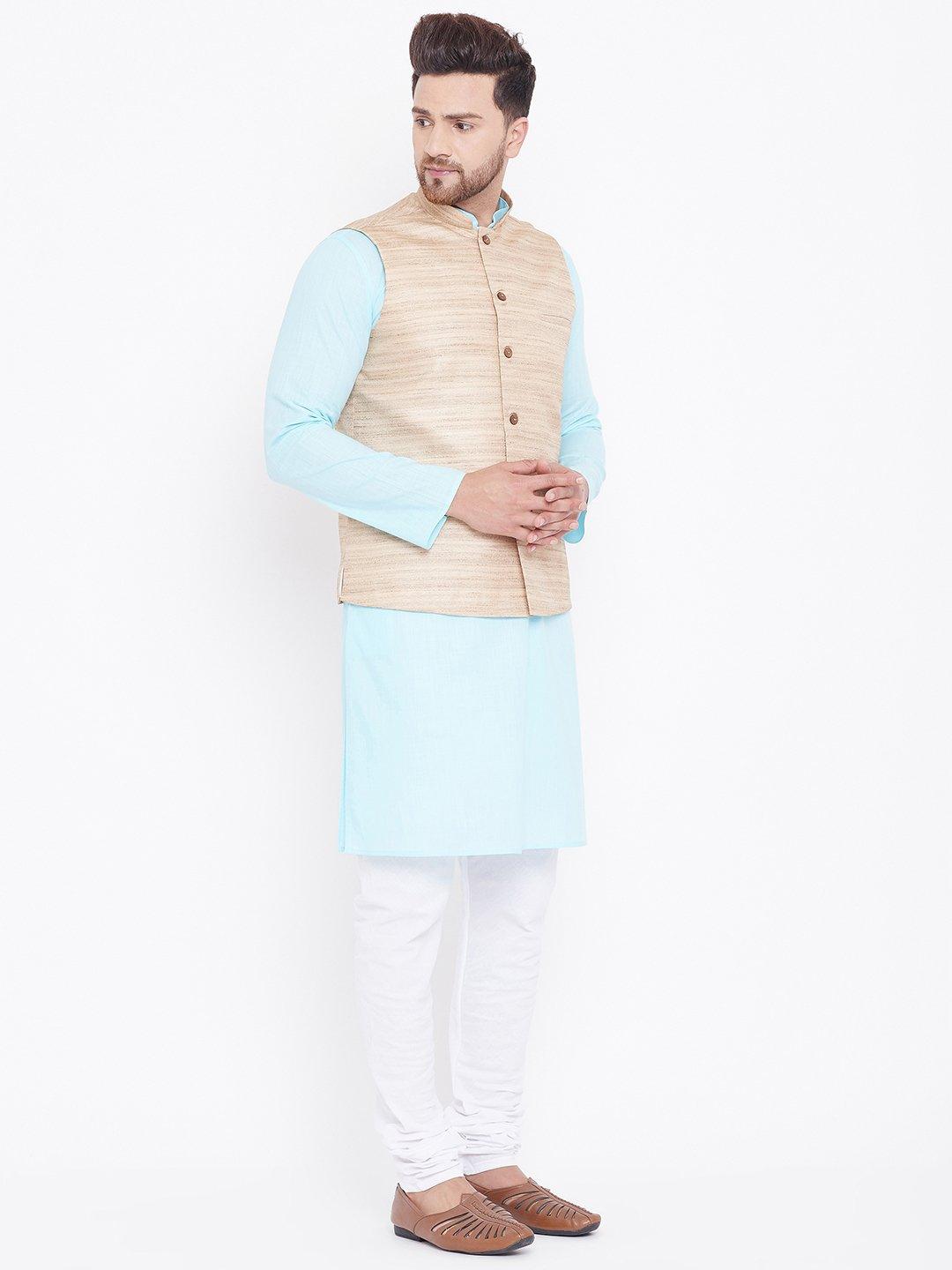 Men's Beige, Aqua And White Cotton Blend Jacket, Kurta and Pyjama Set - Vastramay - Indiakreations