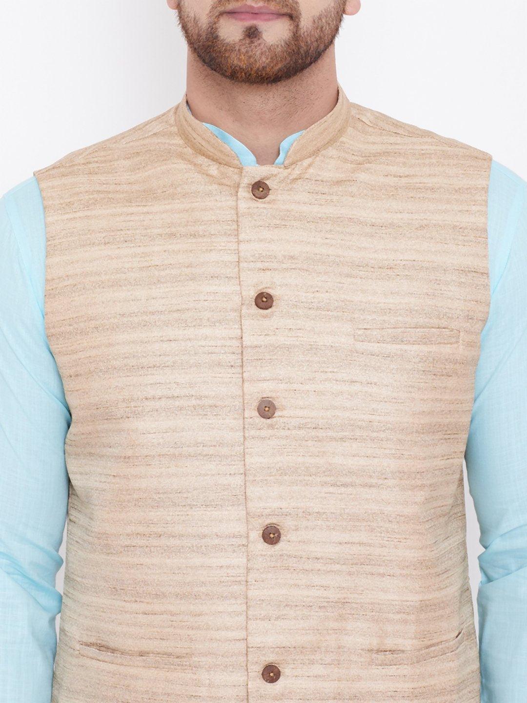 Men's Beige, Aqua And White Cotton Blend Jacket, Kurta and Pyjama Set - Vastramay - Indiakreations