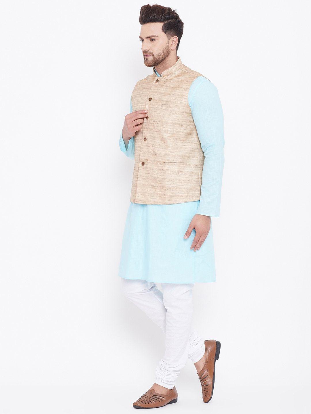 Men's Beige, Aqua And White Cotton Blend Jacket, Kurta and Pyjama Set - Vastramay - Indiakreations