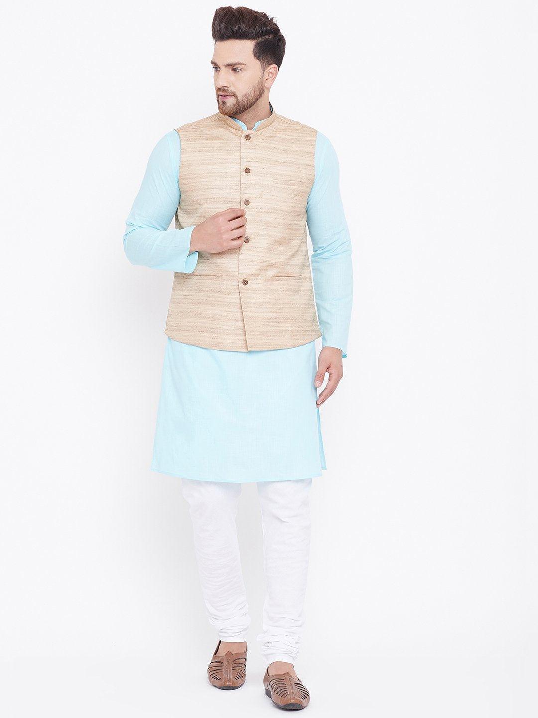 Men's Beige, Aqua And White Cotton Blend Jacket, Kurta and Pyjama Set - Vastramay - Indiakreations