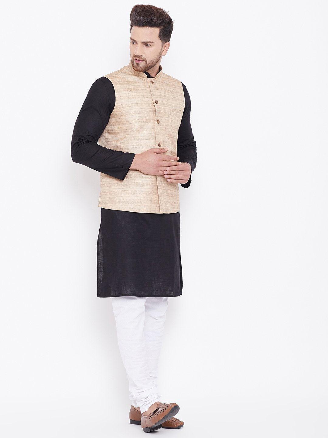 Men's Beige, Black And White Cotton Blend Jacket, Kurta and Pyjama Set - Vastramay - Indiakreations