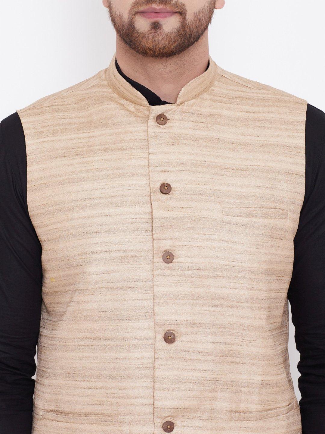 Men's Beige, Black And White Cotton Blend Jacket, Kurta and Pyjama Set - Vastramay - Indiakreations