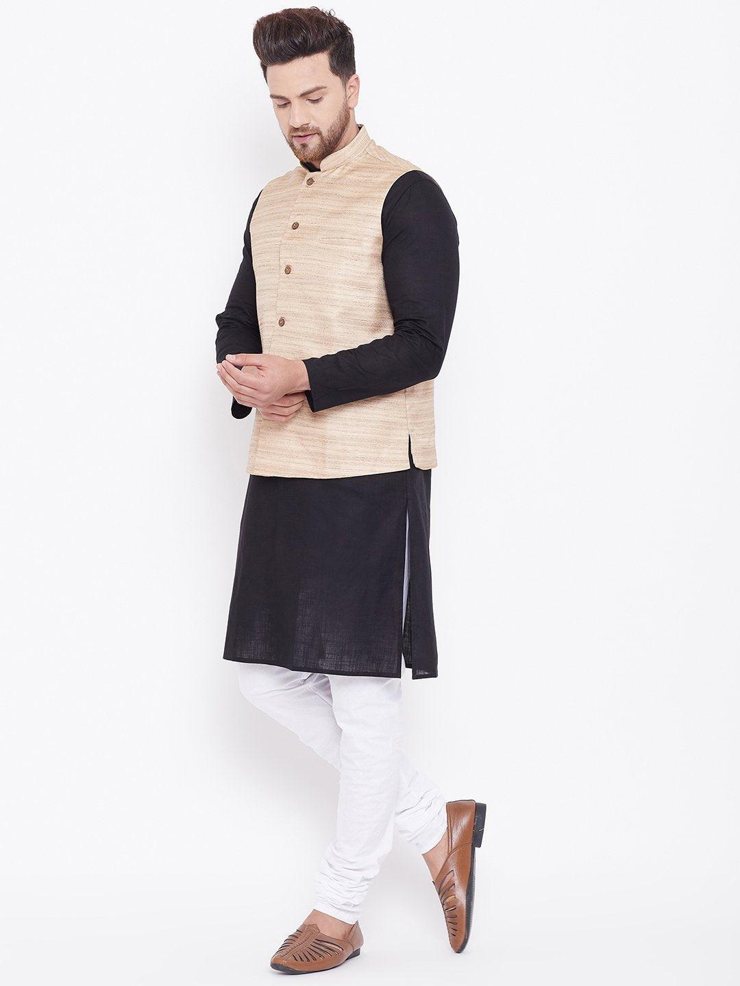 Men's Beige, Black And White Cotton Blend Jacket, Kurta and Pyjama Set - Vastramay - Indiakreations