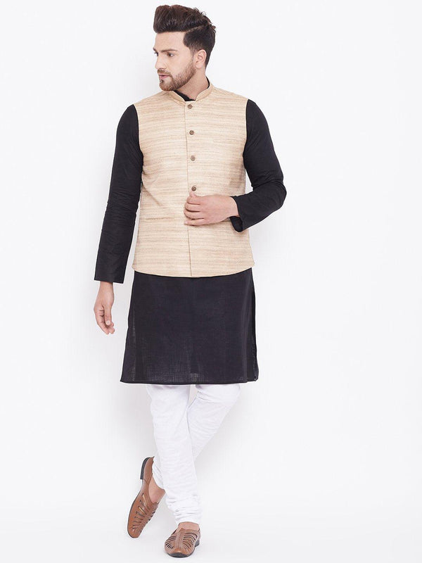 Men's Beige, Black And White Cotton Blend Jacket, Kurta and Pyjama Set - Vastramay - Indiakreations