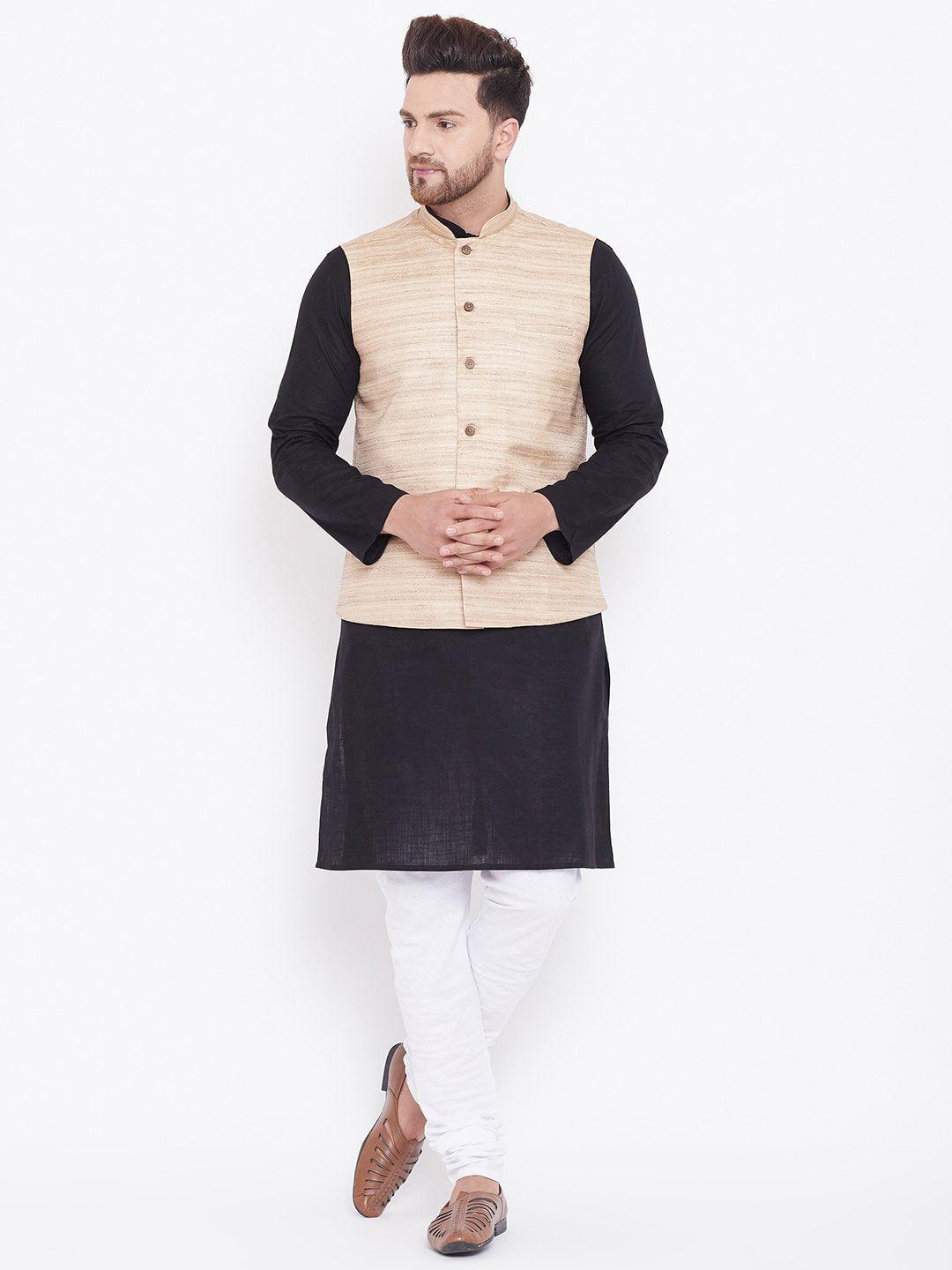 Men's Beige, Black And White Cotton Blend Jacket, Kurta and Pyjama Set - Vastramay - Indiakreations