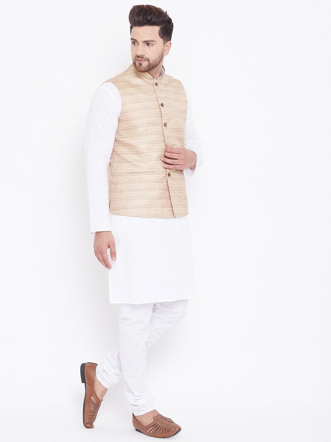 Men's Beige And White Cotton Blend Jacket, Kurta and Pyjama Set - Vastramay - Indiakreations