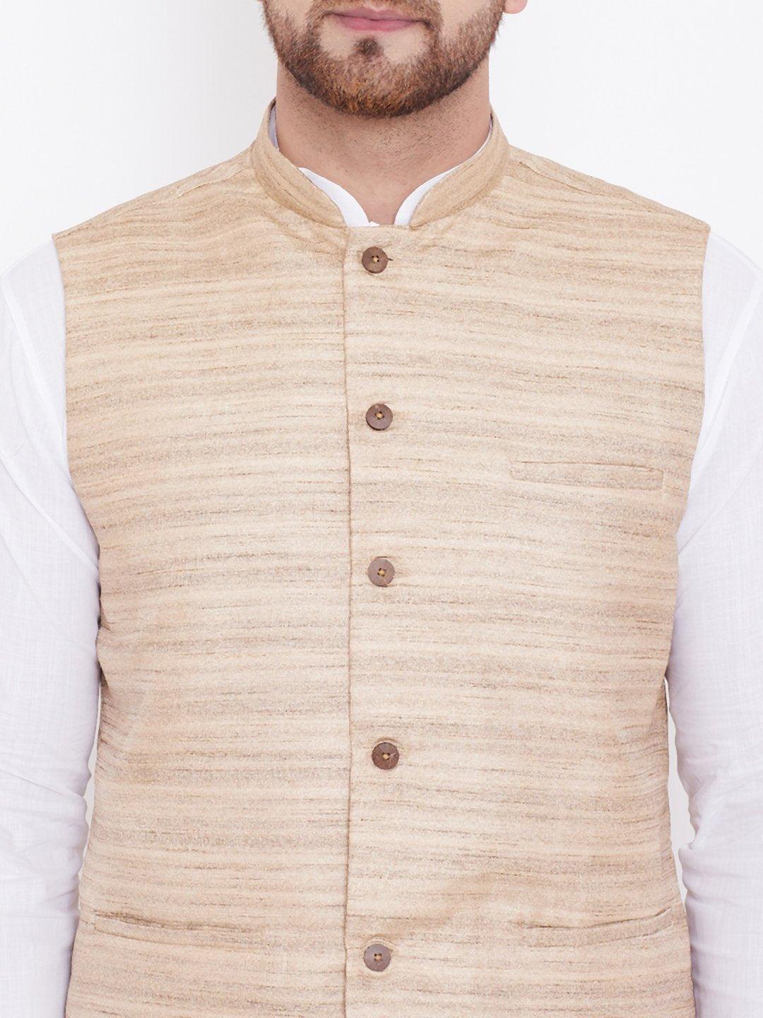 Men's Beige And White Cotton Blend Jacket, Kurta and Pyjama Set - Vastramay - Indiakreations