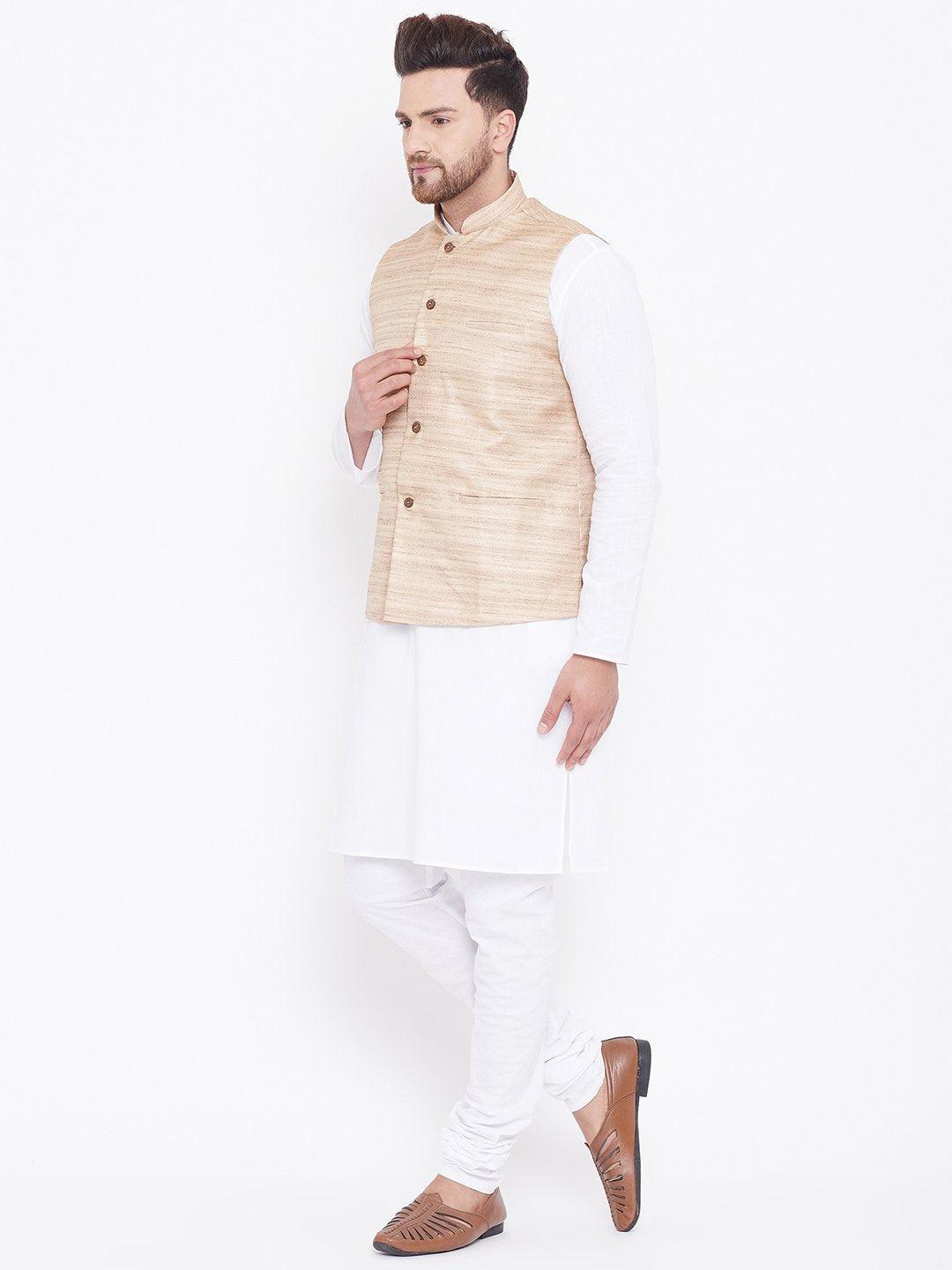 Men's Beige And White Cotton Blend Jacket, Kurta and Pyjama Set - Vastramay - Indiakreations