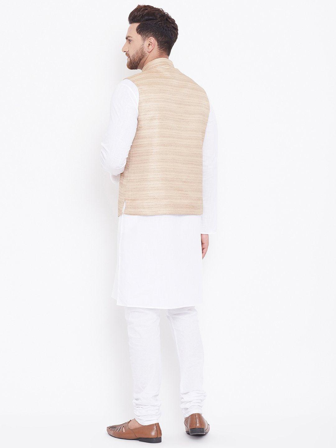 Men's Beige And White Cotton Blend Jacket, Kurta and Pyjama Set - Vastramay - Indiakreations