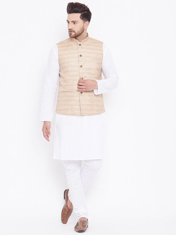 Men's Beige And White Cotton Blend Jacket, Kurta and Pyjama Set - Vastramay - Indiakreations