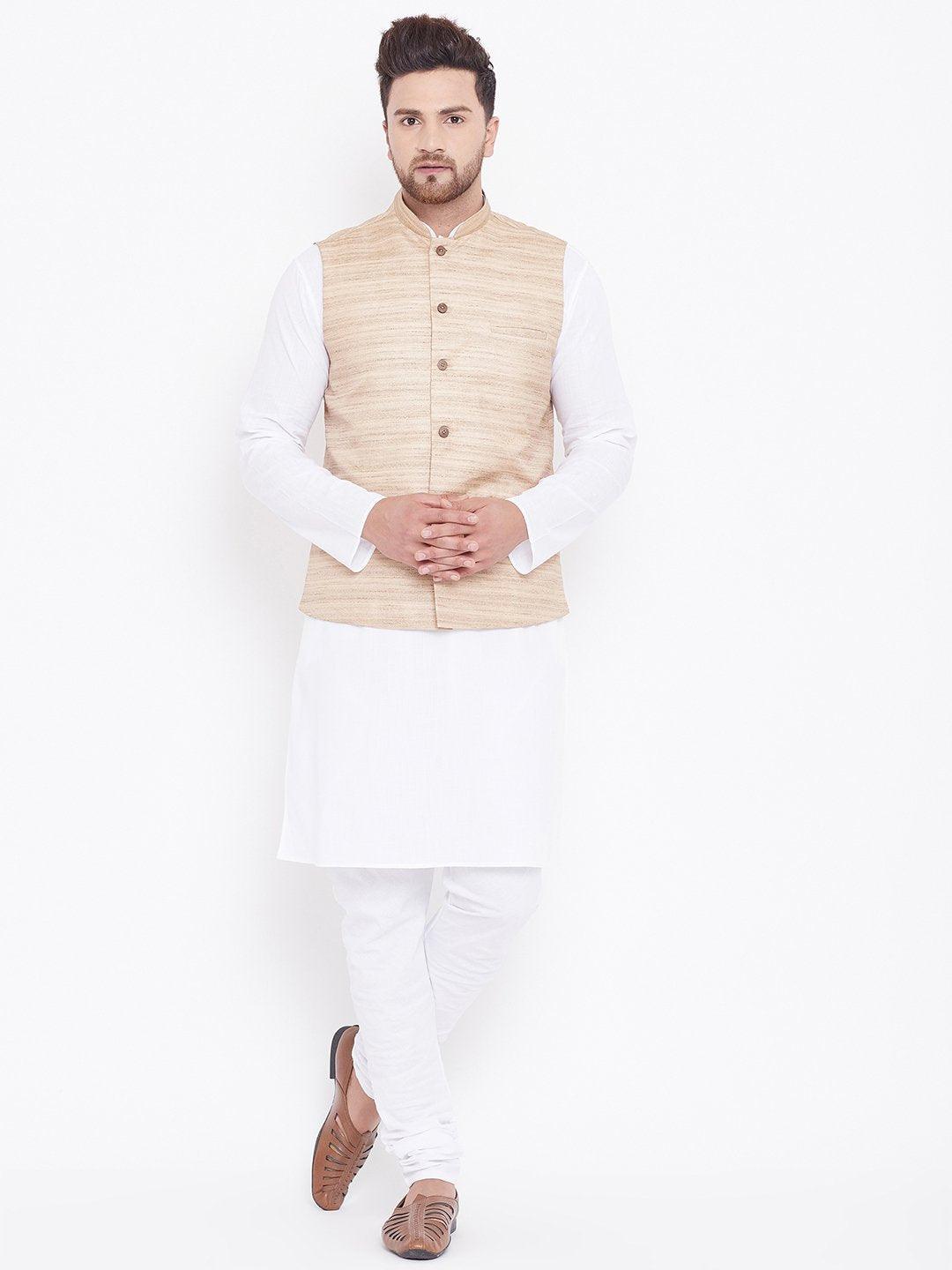 Men's Beige And White Cotton Blend Jacket, Kurta and Pyjama Set - Vastramay - Indiakreations