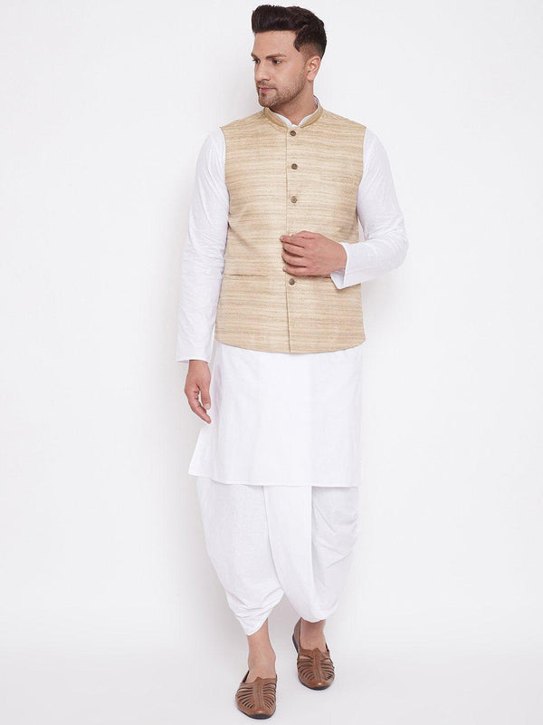 Men's Beige And White Cotton Blend Jacket, Kurta and Dhoti Set - Vastramay - Indiakreations