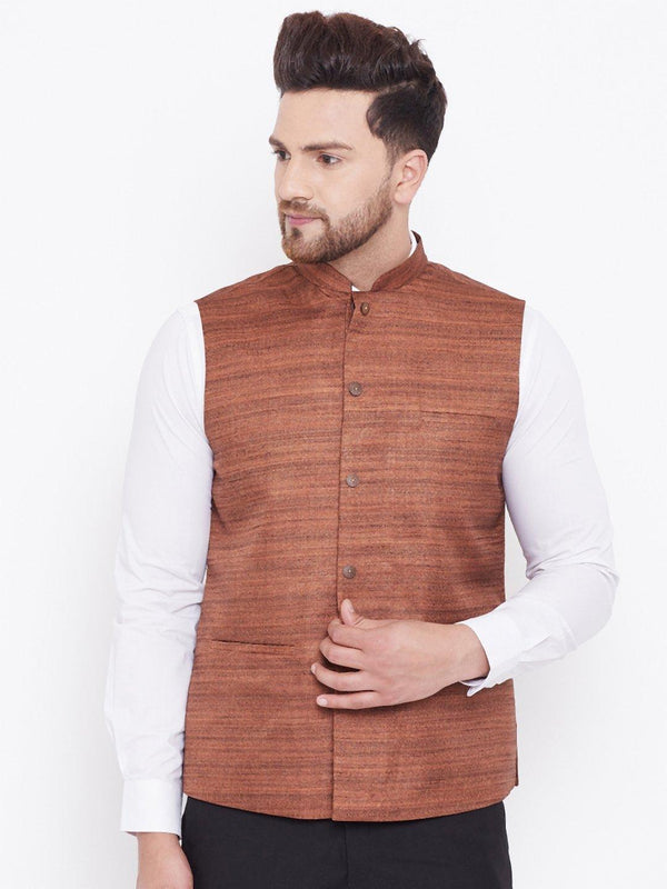 Men's Coffee Brown Silk Blend Nehru Jacket - Vastramay - Indiakreations