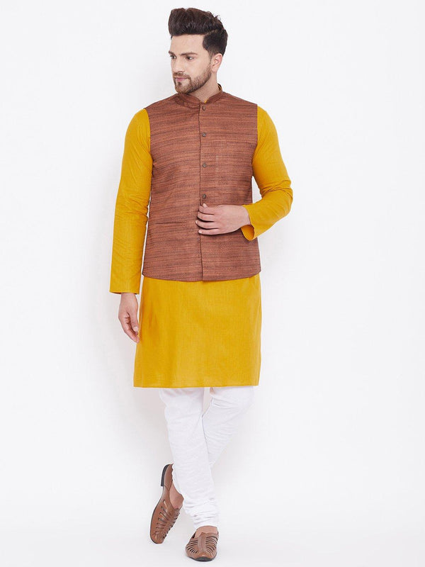 Men's Coffee Brown, Mustard And White Cotton Blend Jacket, Kurta and Pyjama Set - Vastramay - Indiakreations