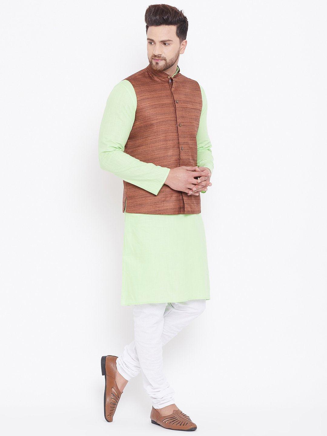 Men's Coffee, Mint Green And White Cotton Blend Jacket, Kurta and Pyjama Set - Vastramay - Indiakreations