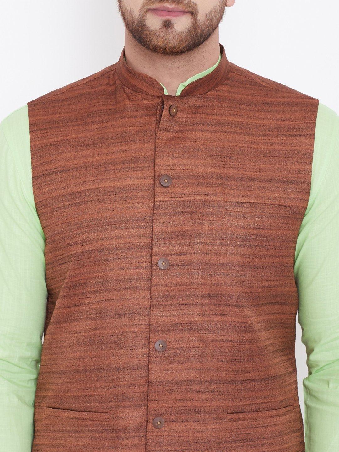 Men's Coffee, Mint Green And White Cotton Blend Jacket, Kurta and Pyjama Set - Vastramay - Indiakreations