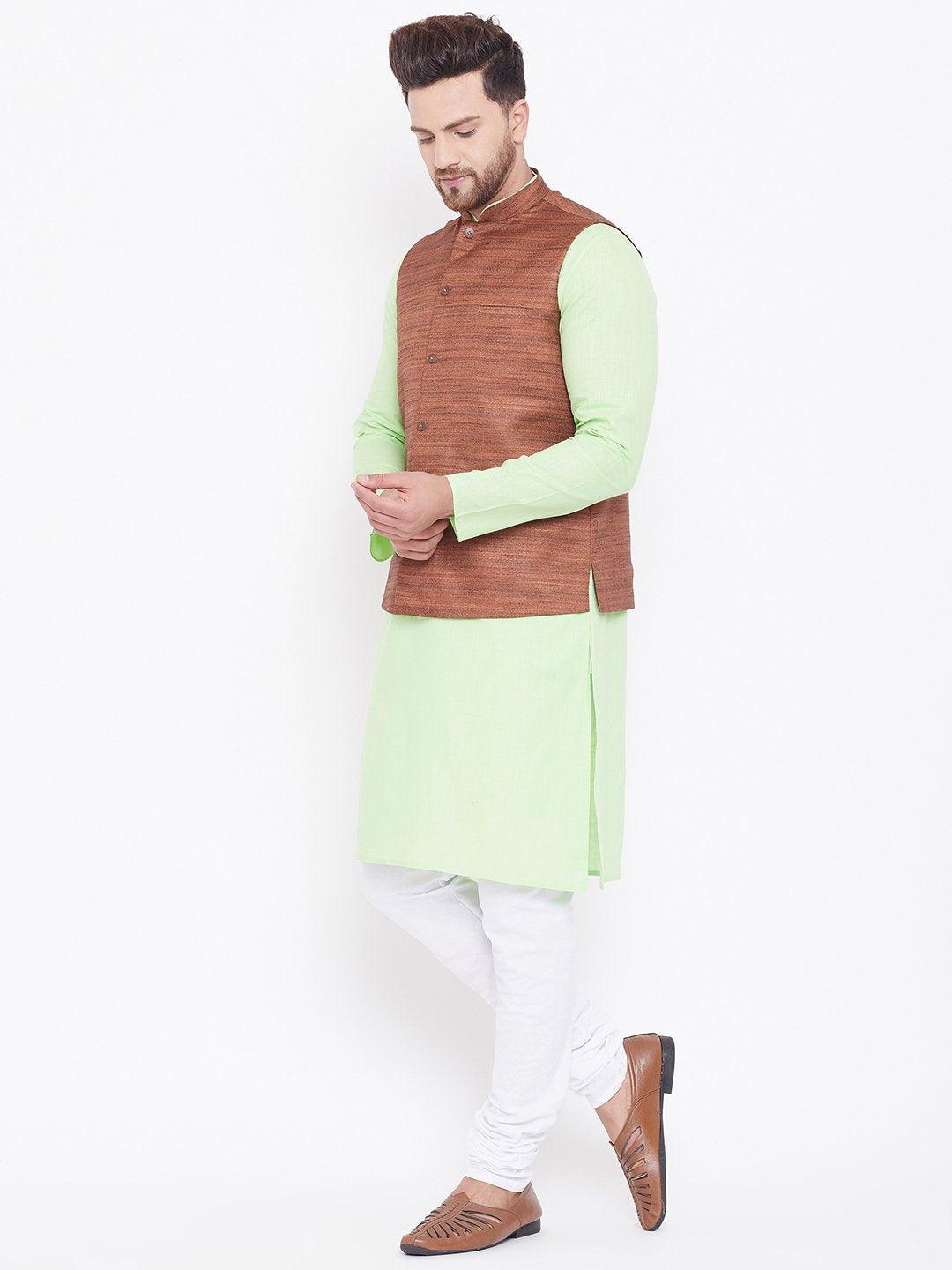 Men's Coffee, Mint Green And White Cotton Blend Jacket, Kurta and Pyjama Set - Vastramay - Indiakreations