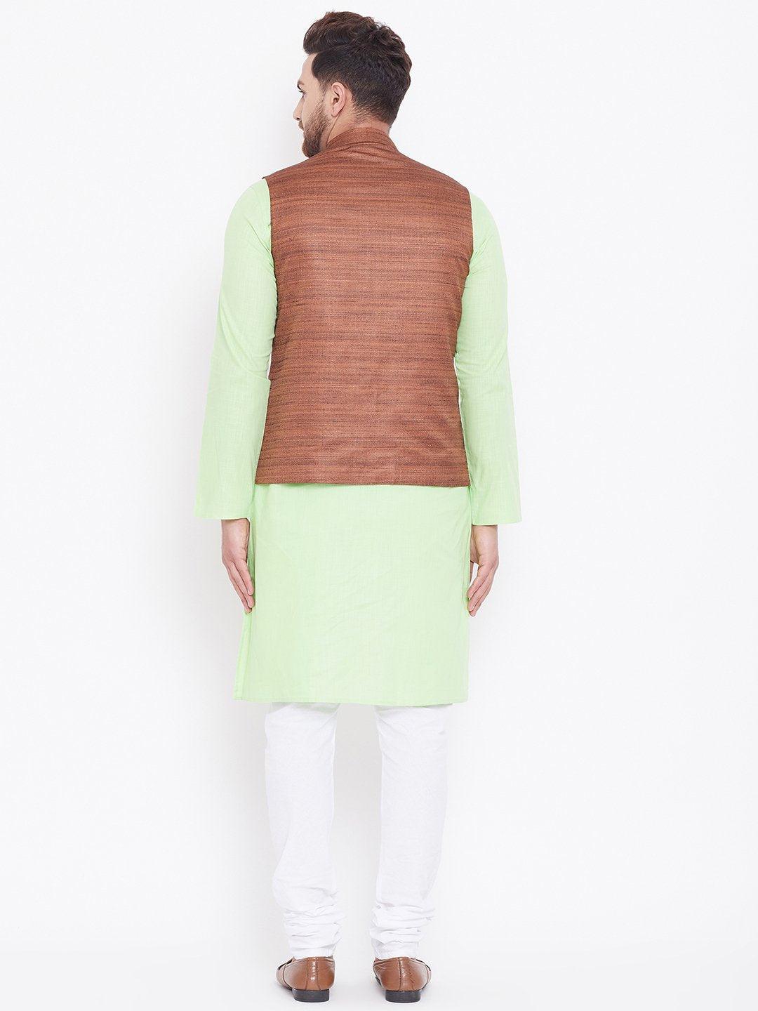 Men's Coffee, Mint Green And White Cotton Blend Jacket, Kurta and Pyjama Set - Vastramay - Indiakreations