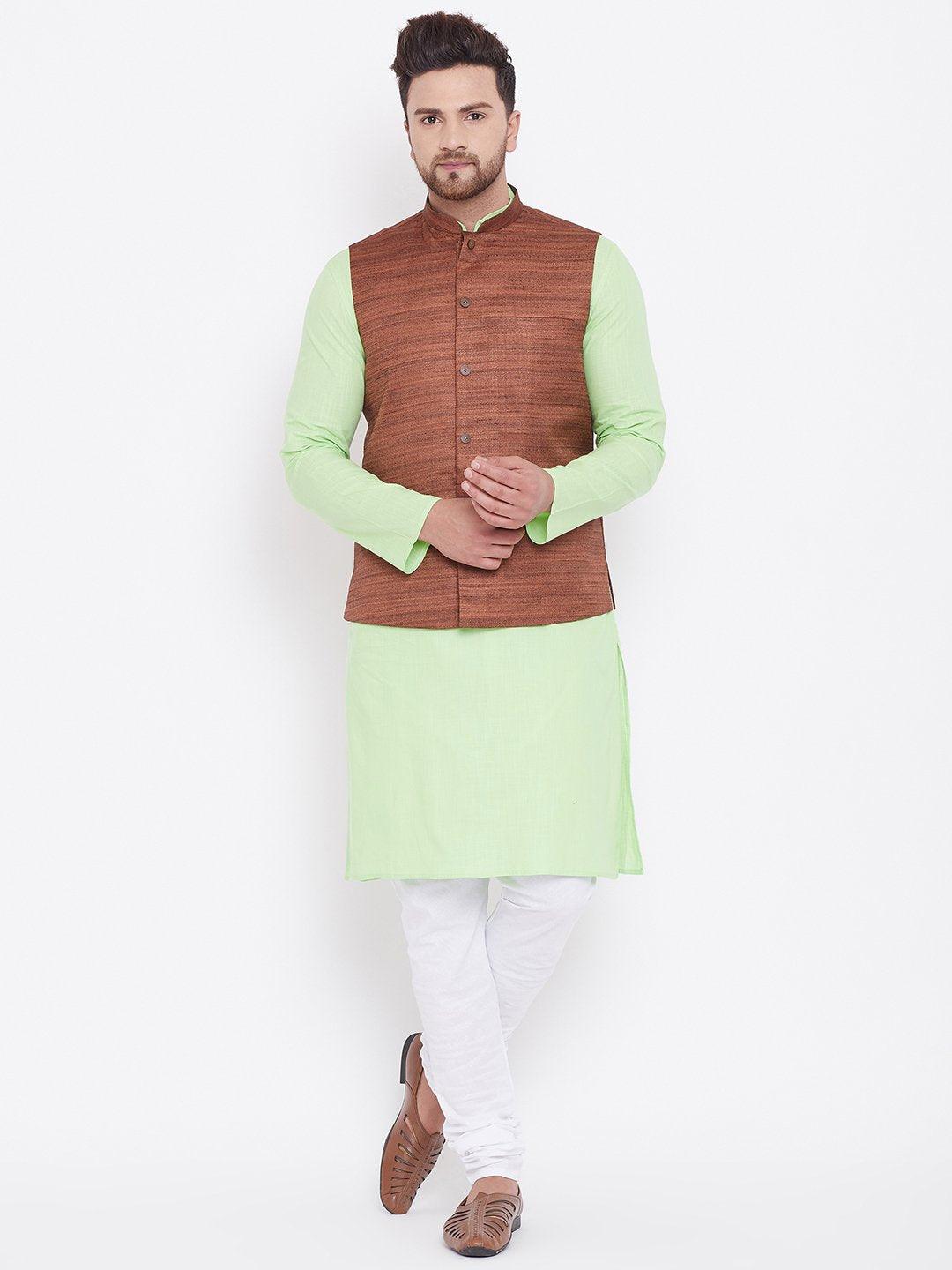 Men's Coffee, Mint Green And White Cotton Blend Jacket, Kurta and Pyjama Set - Vastramay - Indiakreations