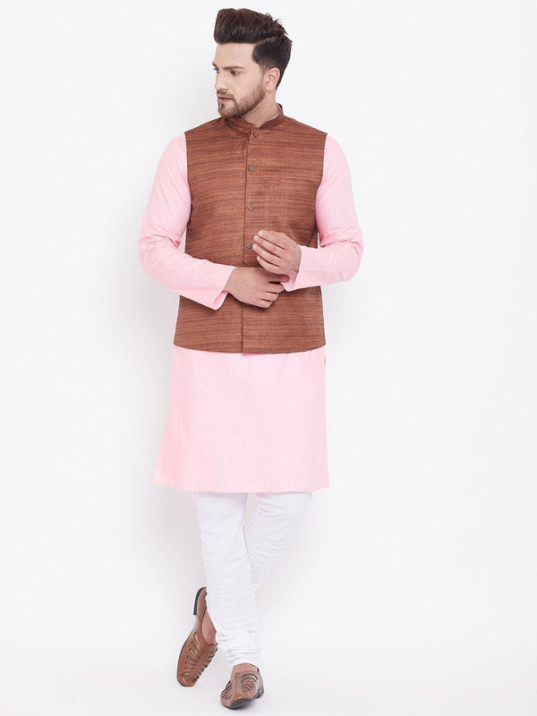 Men's Coffee Brown, Pink And White Cotton Blend Jacket, Kurta and Pyjama Set - Vastramay - Indiakreations