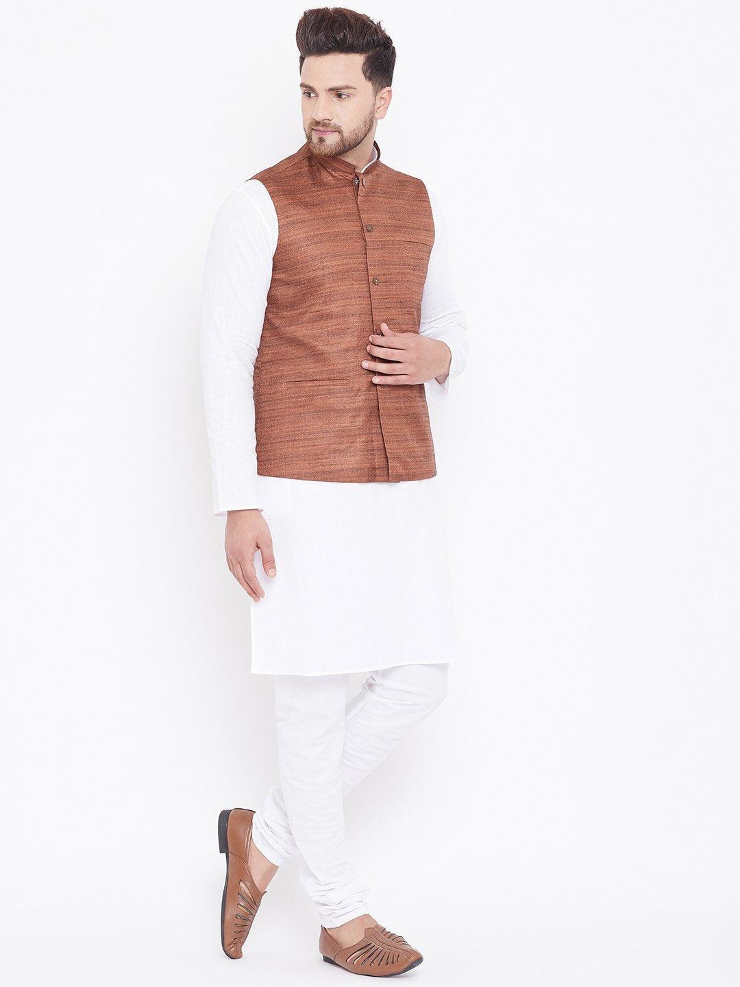 Men's Coffee Brown And White Cotton Blend Jacket, Kurta and Pyjama Set - Vastramay - Indiakreations