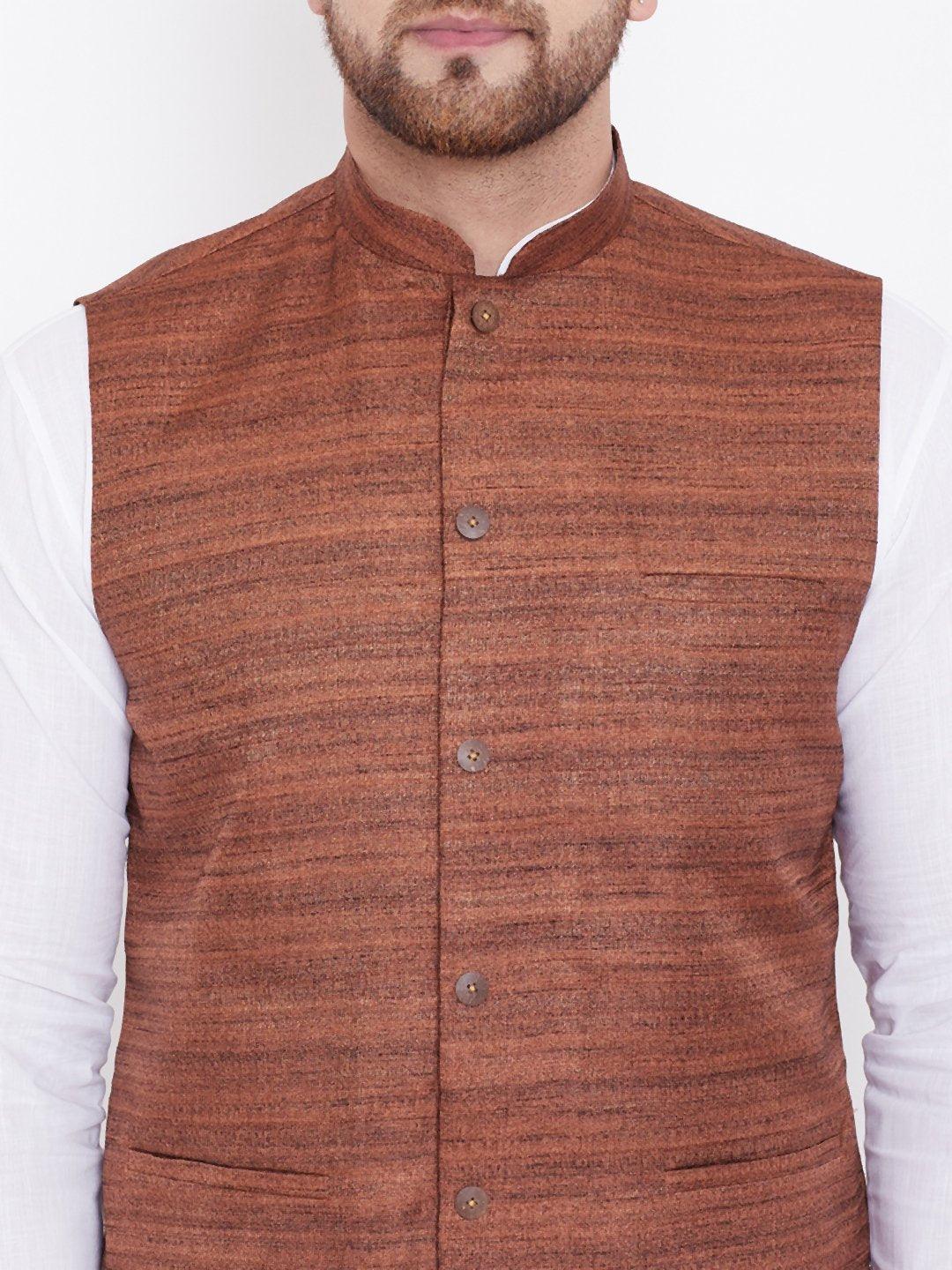 Men's Coffee Brown And White Cotton Blend Jacket, Kurta and Pyjama Set - Vastramay - Indiakreations