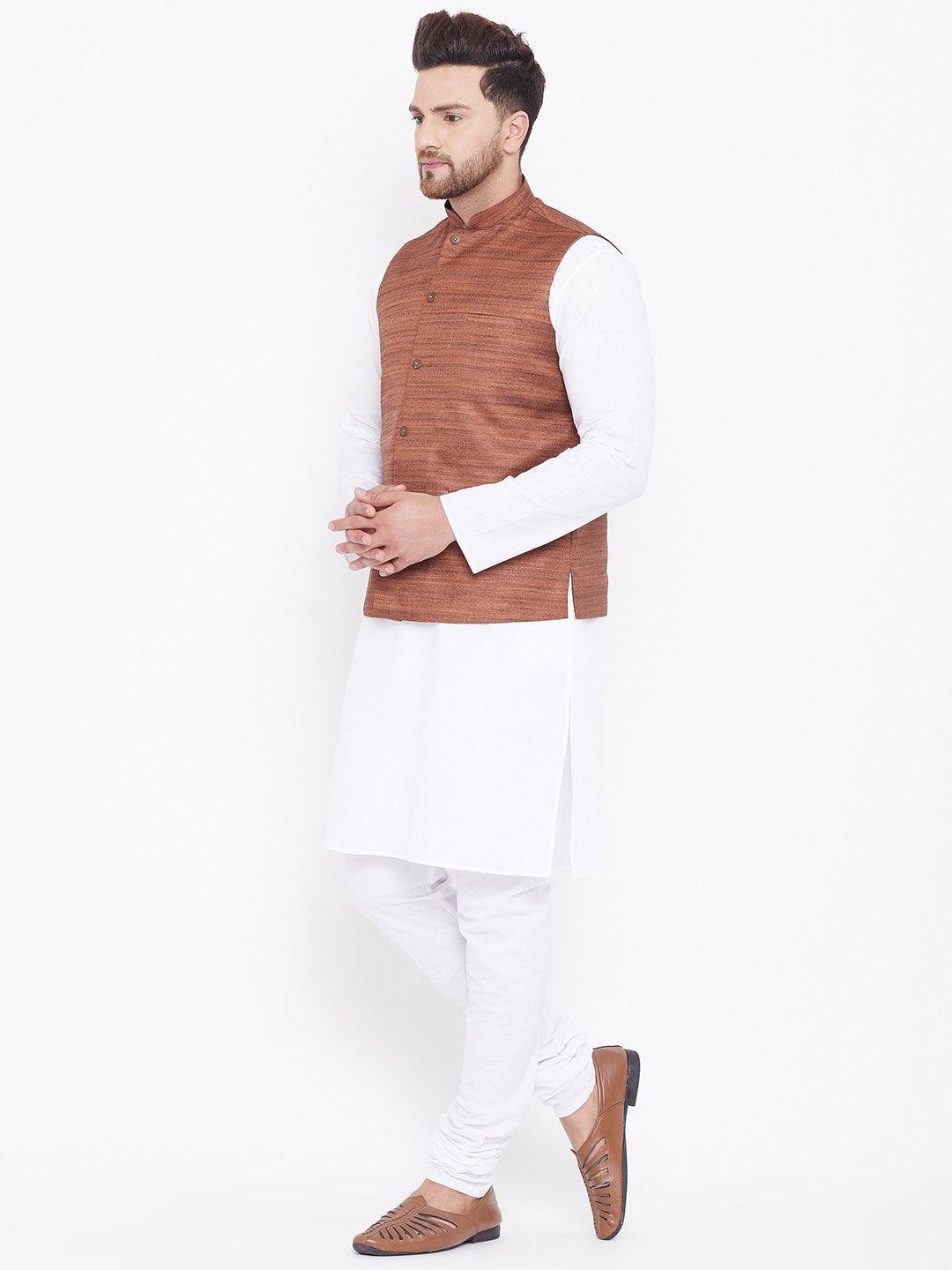 Men's Coffee Brown And White Cotton Blend Jacket, Kurta and Pyjama Set - Vastramay - Indiakreations