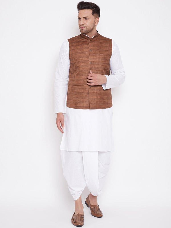 Men's Coffee Brown And White Cotton Blend Jacket, Kurta and Dhoti Set - Vastramay - Indiakreations