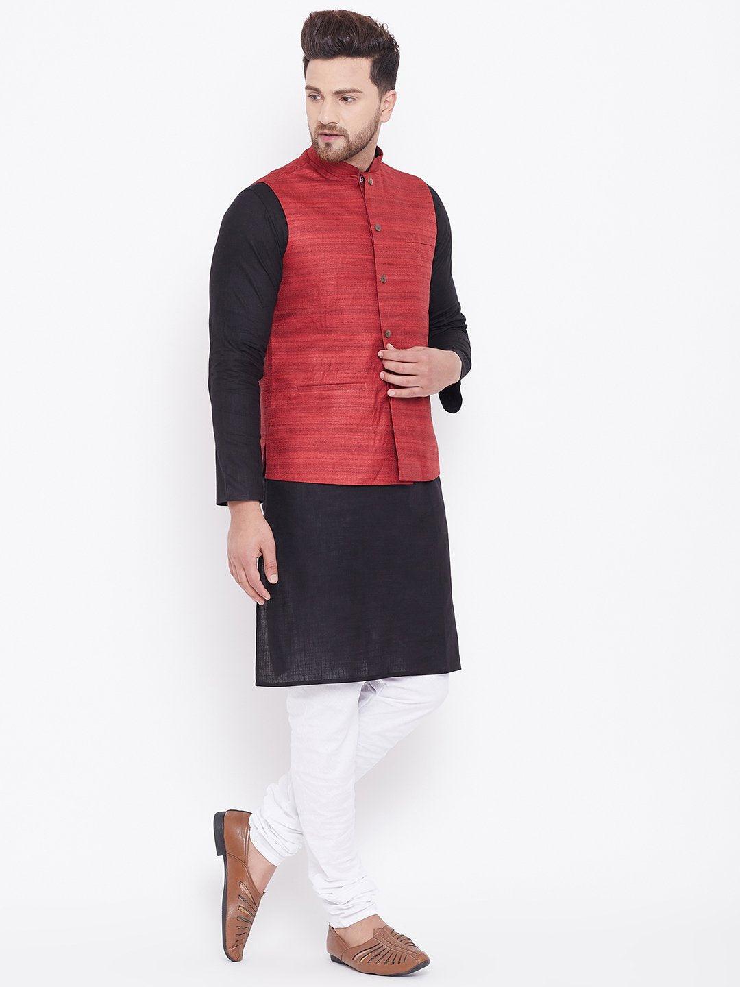 Men's Maroon, Black And White Cotton Blend Jacket, Kurta and Pyjama Set - Vastramay - Indiakreations