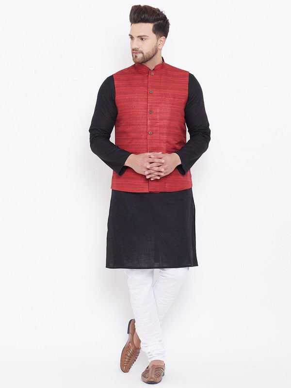 Men's Maroon, Black And White Cotton Blend Jacket, Kurta and Pyjama Set - Vastramay - Indiakreations