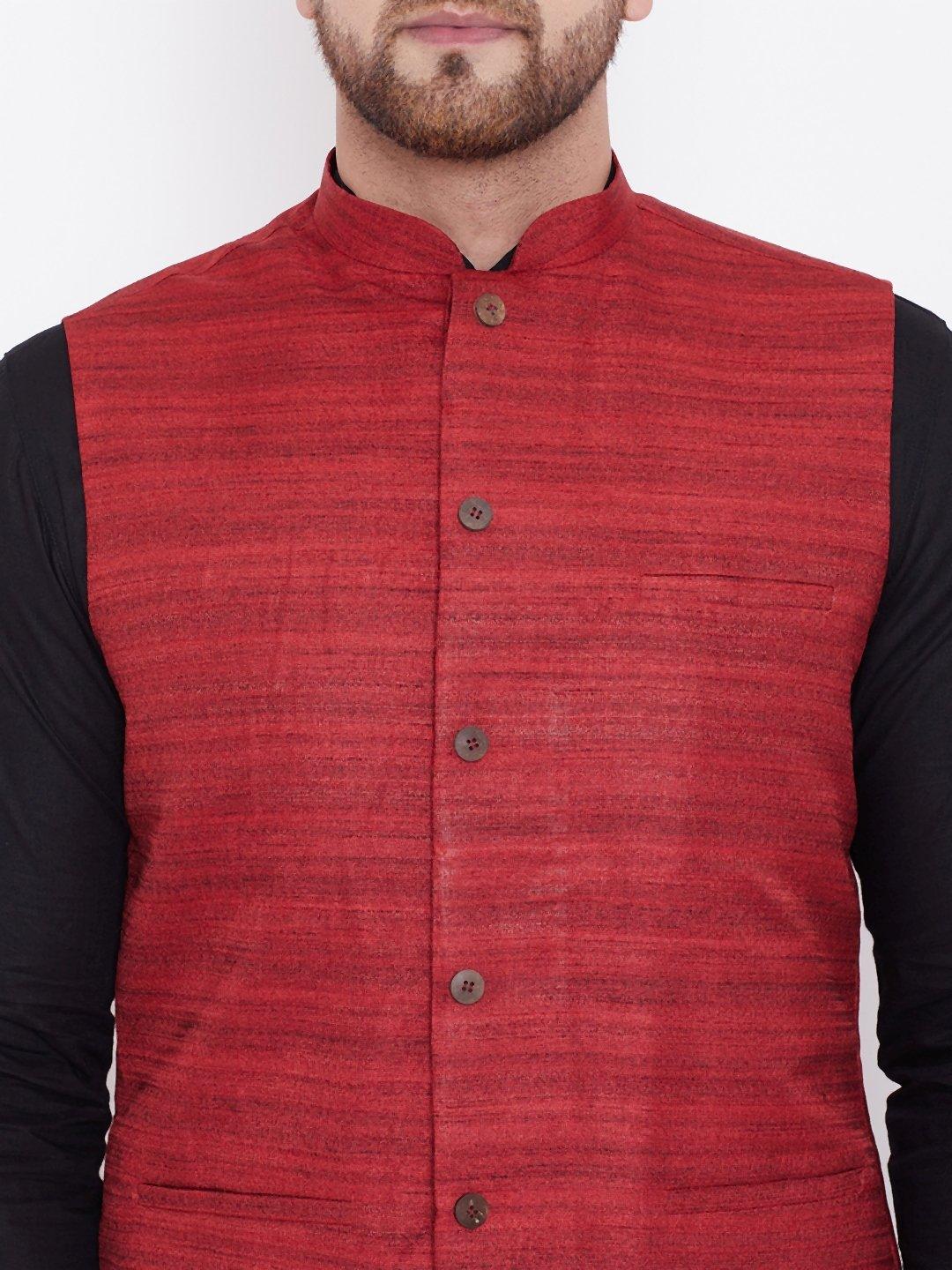 Men's Maroon, Black And White Cotton Blend Jacket, Kurta and Pyjama Set - Vastramay - Indiakreations