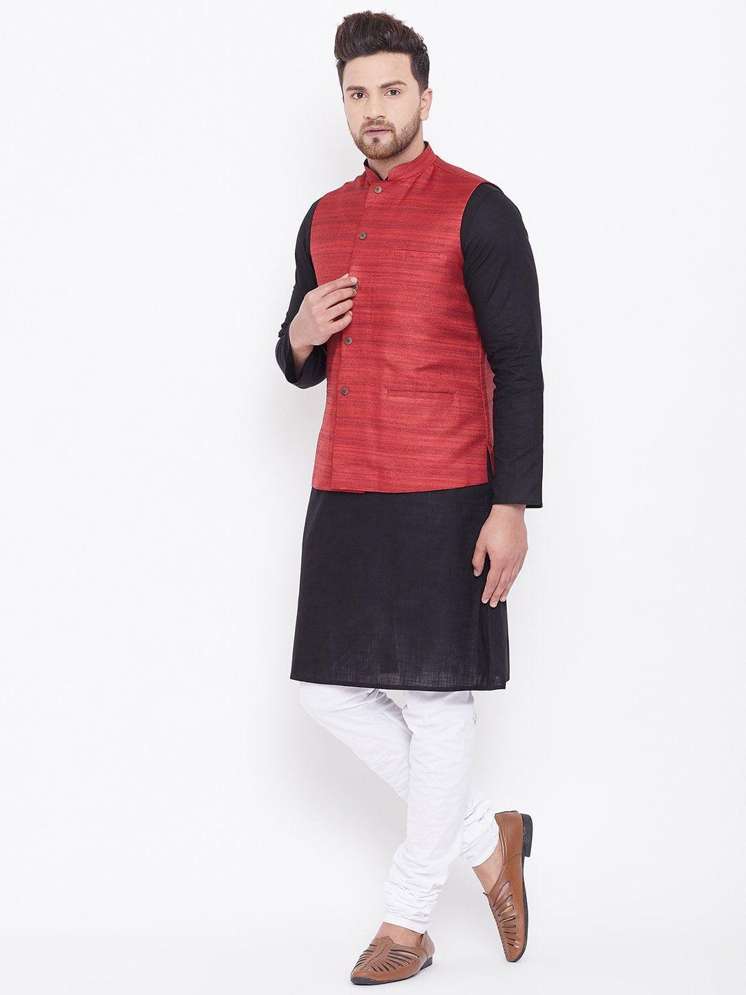 Men's Maroon, Black And White Cotton Blend Jacket, Kurta and Pyjama Set - Vastramay - Indiakreations