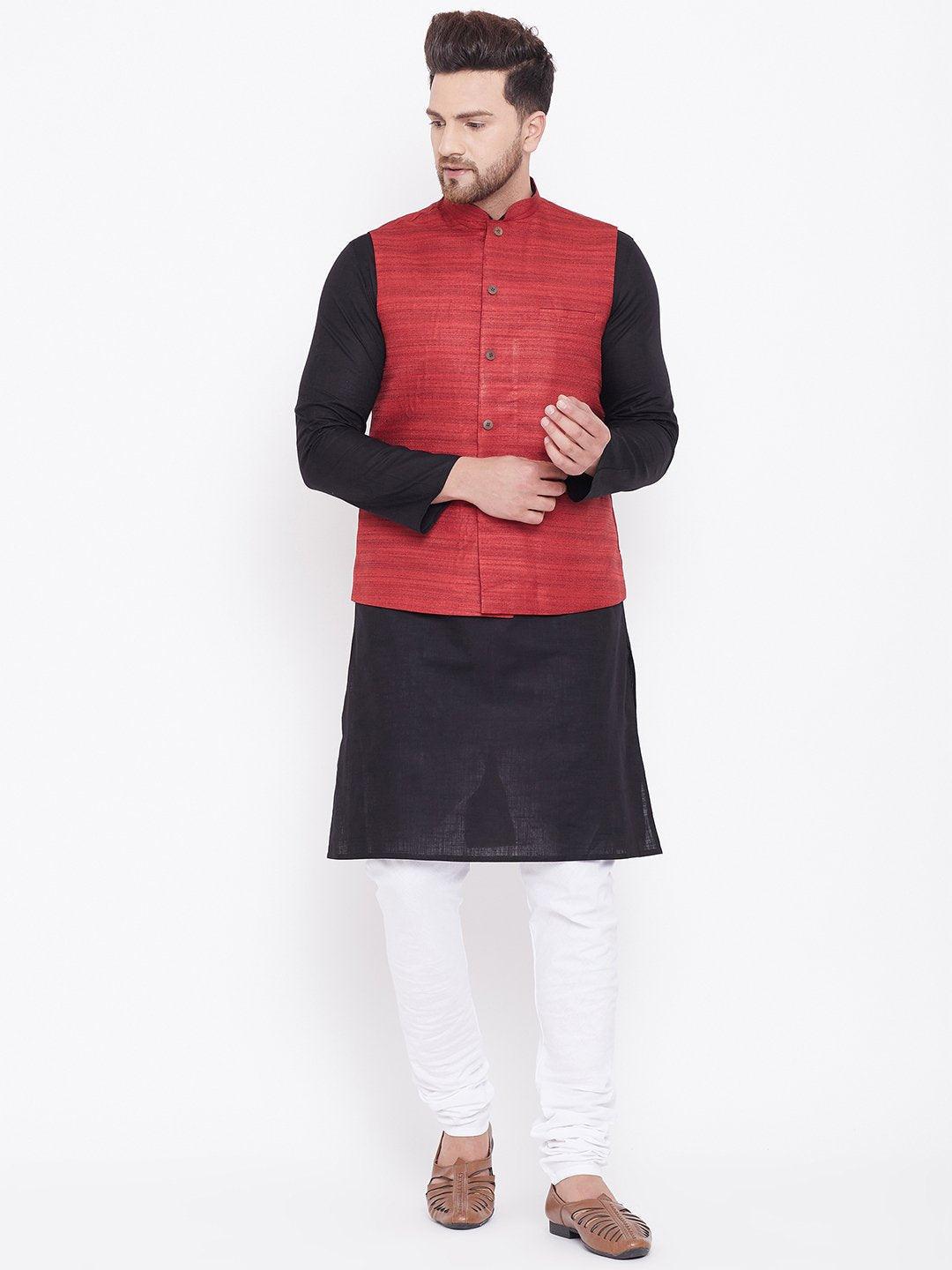 Men's Maroon, Black And White Cotton Blend Jacket, Kurta and Pyjama Set - Vastramay - Indiakreations