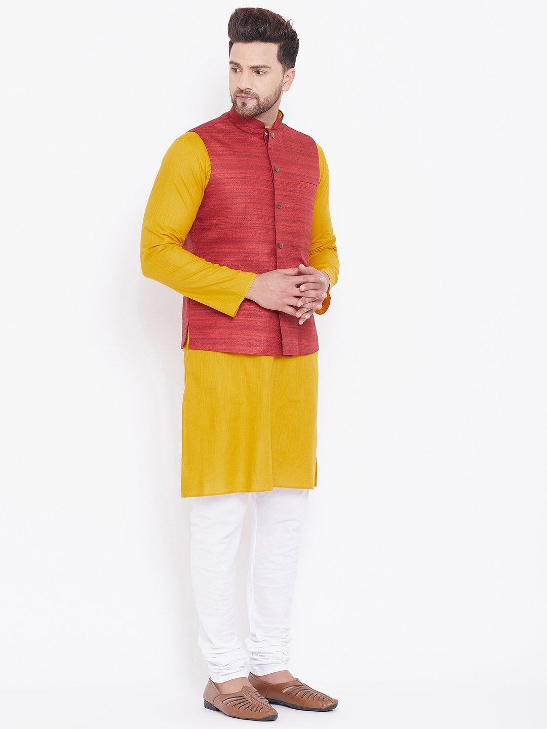 Men's Maroon, Mustard And White Cotton Blend Jacket, Kurta and Pyjama Set - Vastramay - Indiakreations