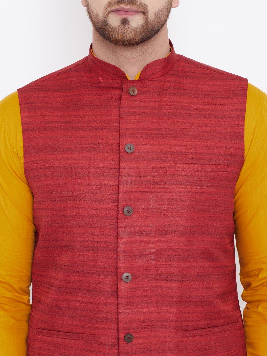 Men's Maroon, Mustard And White Cotton Blend Jacket, Kurta and Pyjama Set - Vastramay - Indiakreations