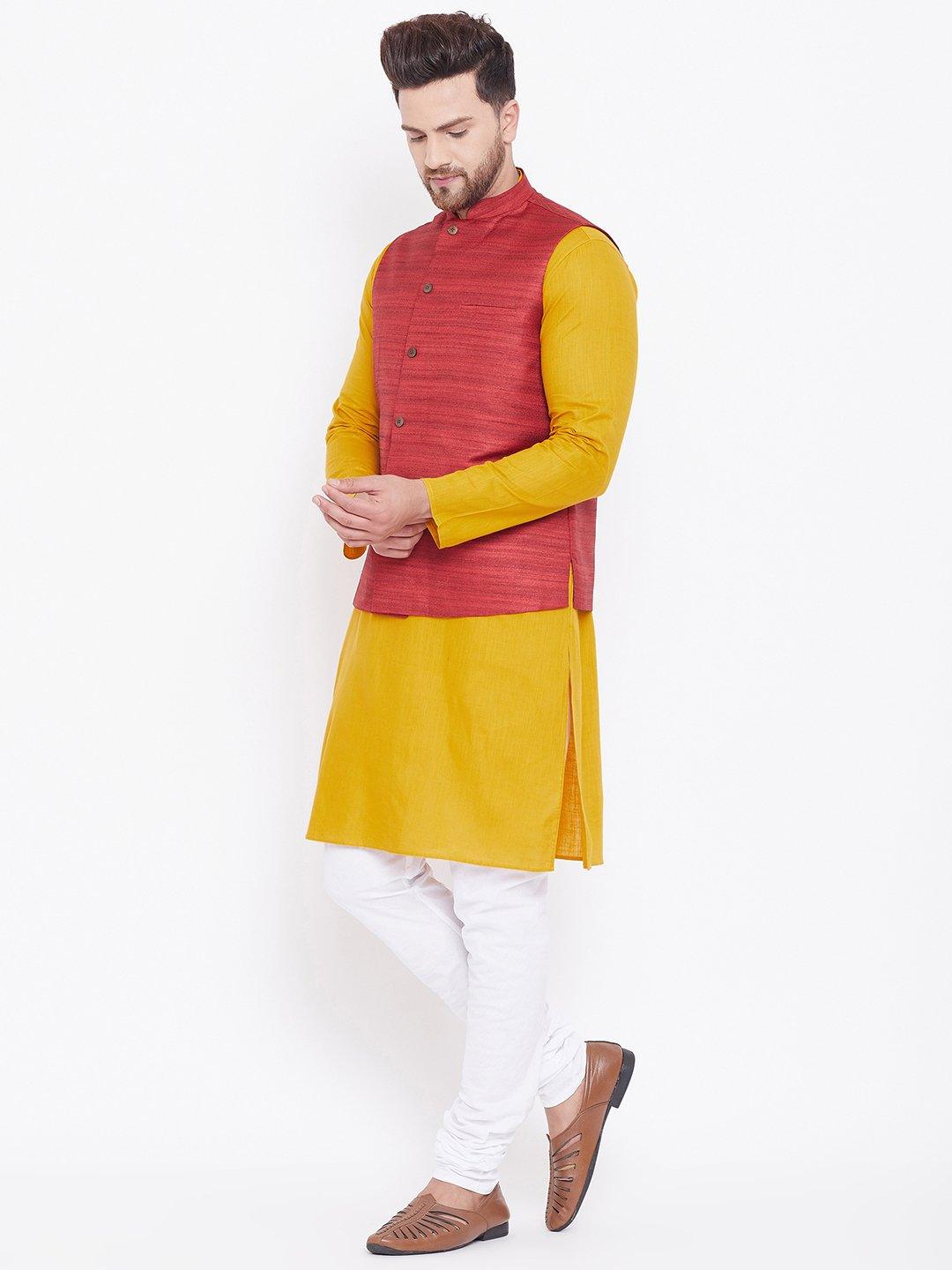 Men's Maroon, Mustard And White Cotton Blend Jacket, Kurta and Pyjama Set - Vastramay - Indiakreations