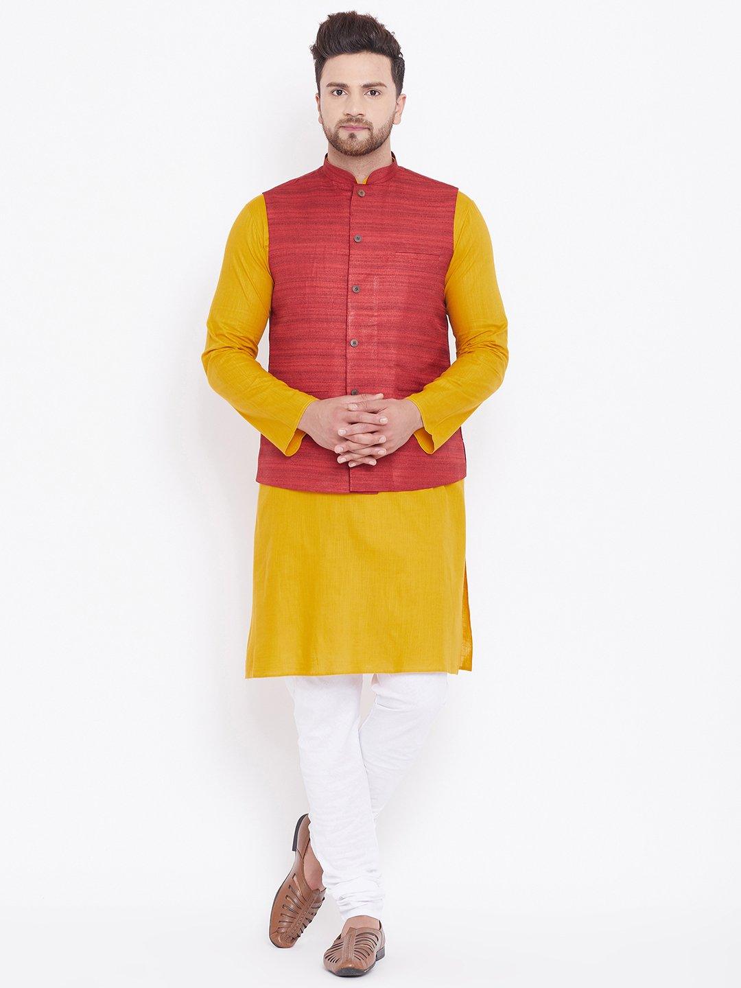 Men's Maroon, Mustard And White Cotton Blend Jacket, Kurta and Pyjama Set - Vastramay - Indiakreations