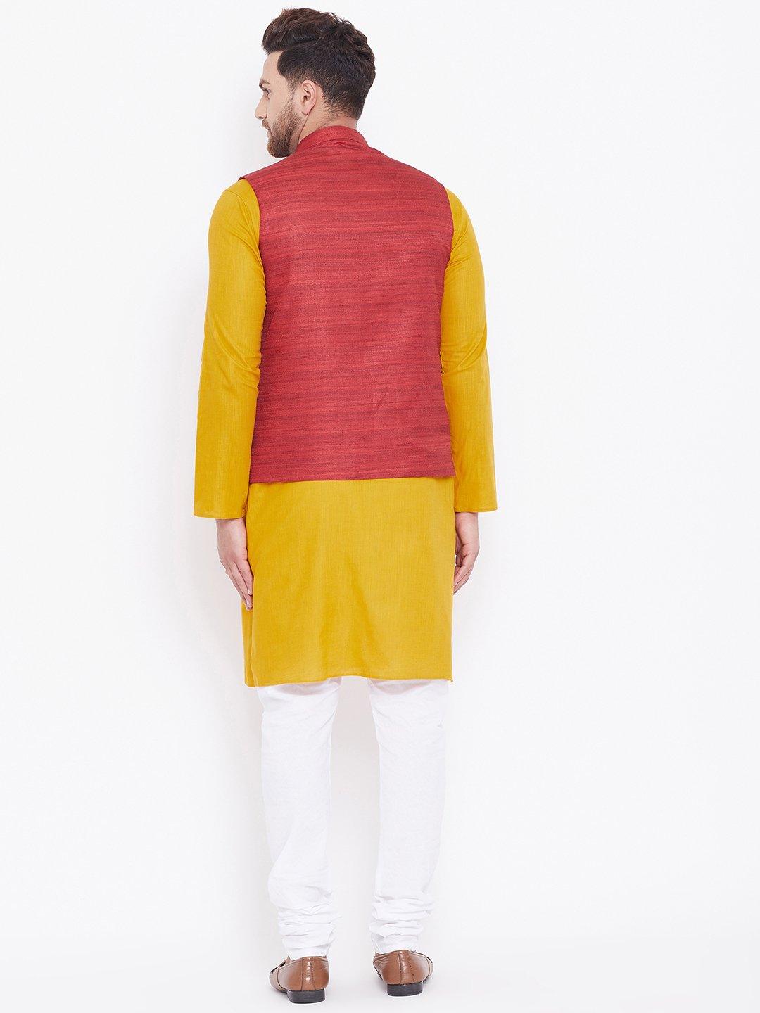 Men's Maroon, Mustard And White Cotton Blend Jacket, Kurta and Pyjama Set - Vastramay - Indiakreations