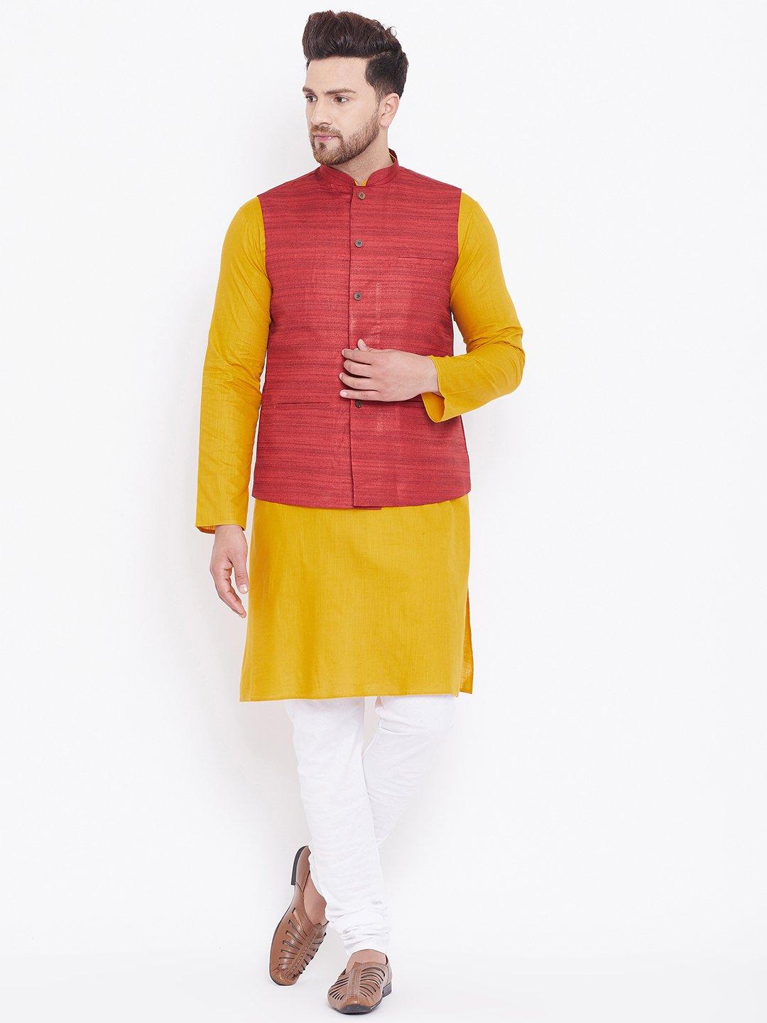 Men's Maroon, Mustard And White Cotton Blend Jacket, Kurta and Pyjama Set - Vastramay - Indiakreations