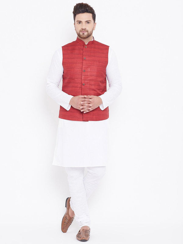 Men's Maroon And White Cotton Blend Jacket, Kurta and Pyjama Set - Vastramay - Indiakreations