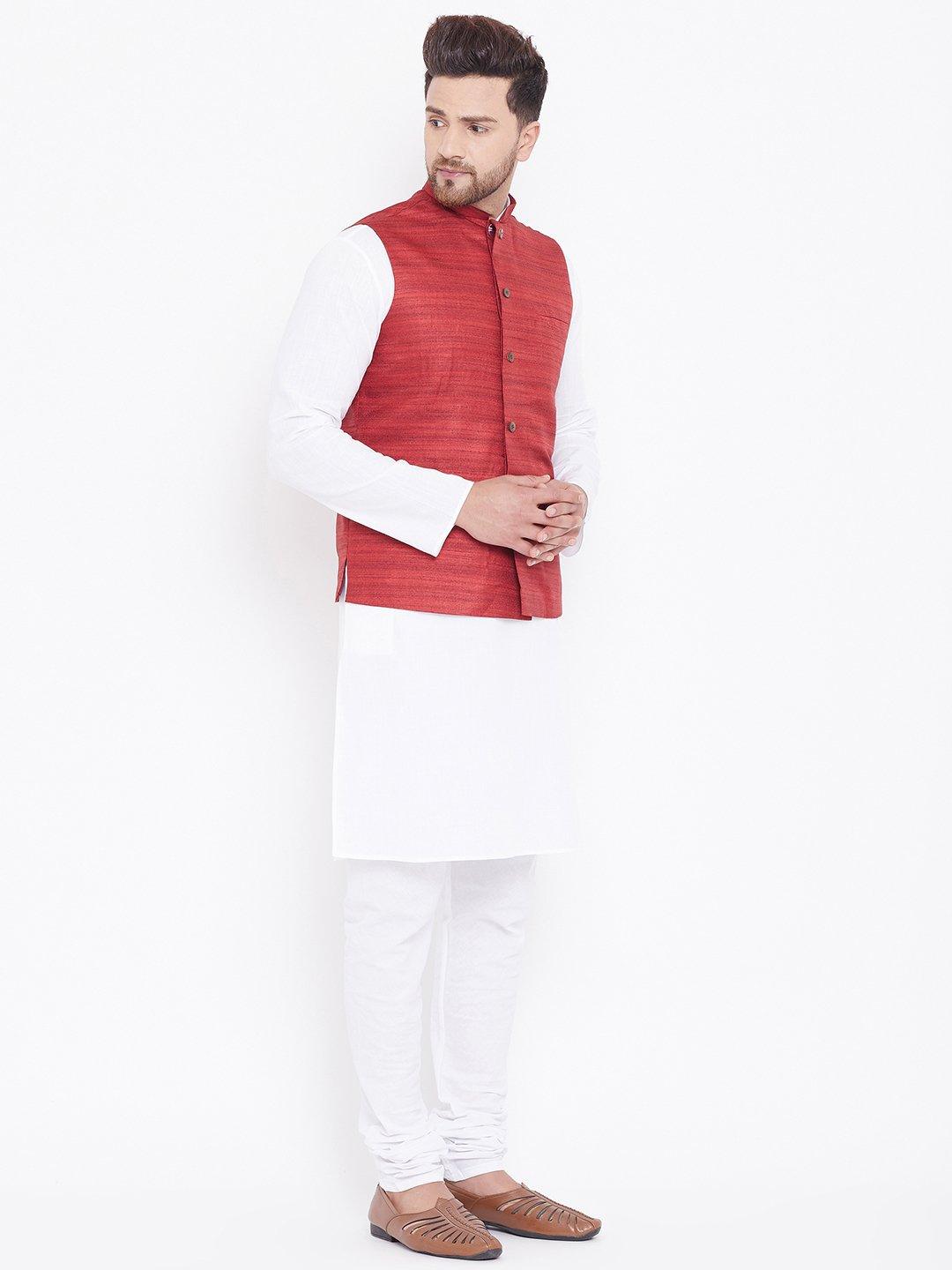 Men's Maroon And White Cotton Blend Jacket, Kurta and Pyjama Set - Vastramay - Indiakreations