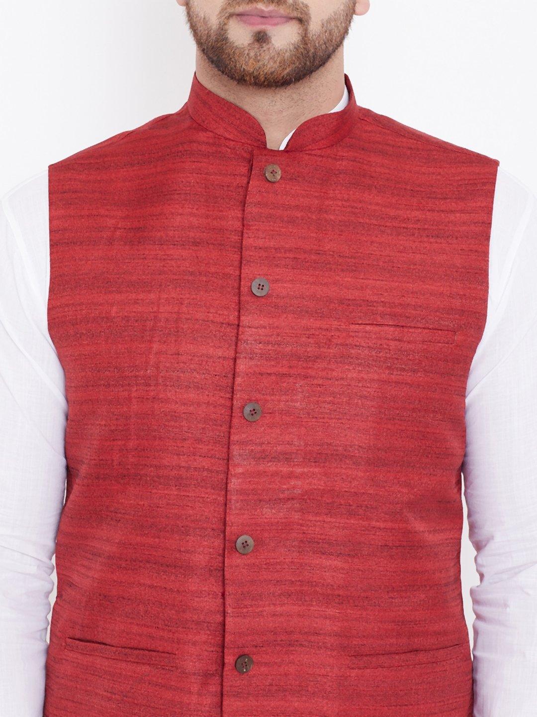 Men's Maroon And White Cotton Blend Jacket, Kurta and Pyjama Set - Vastramay - Indiakreations