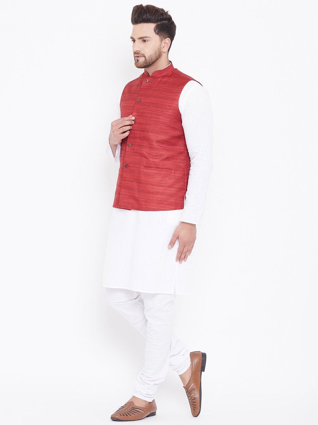 Men's Maroon And White Cotton Blend Jacket, Kurta and Pyjama Set - Vastramay - Indiakreations