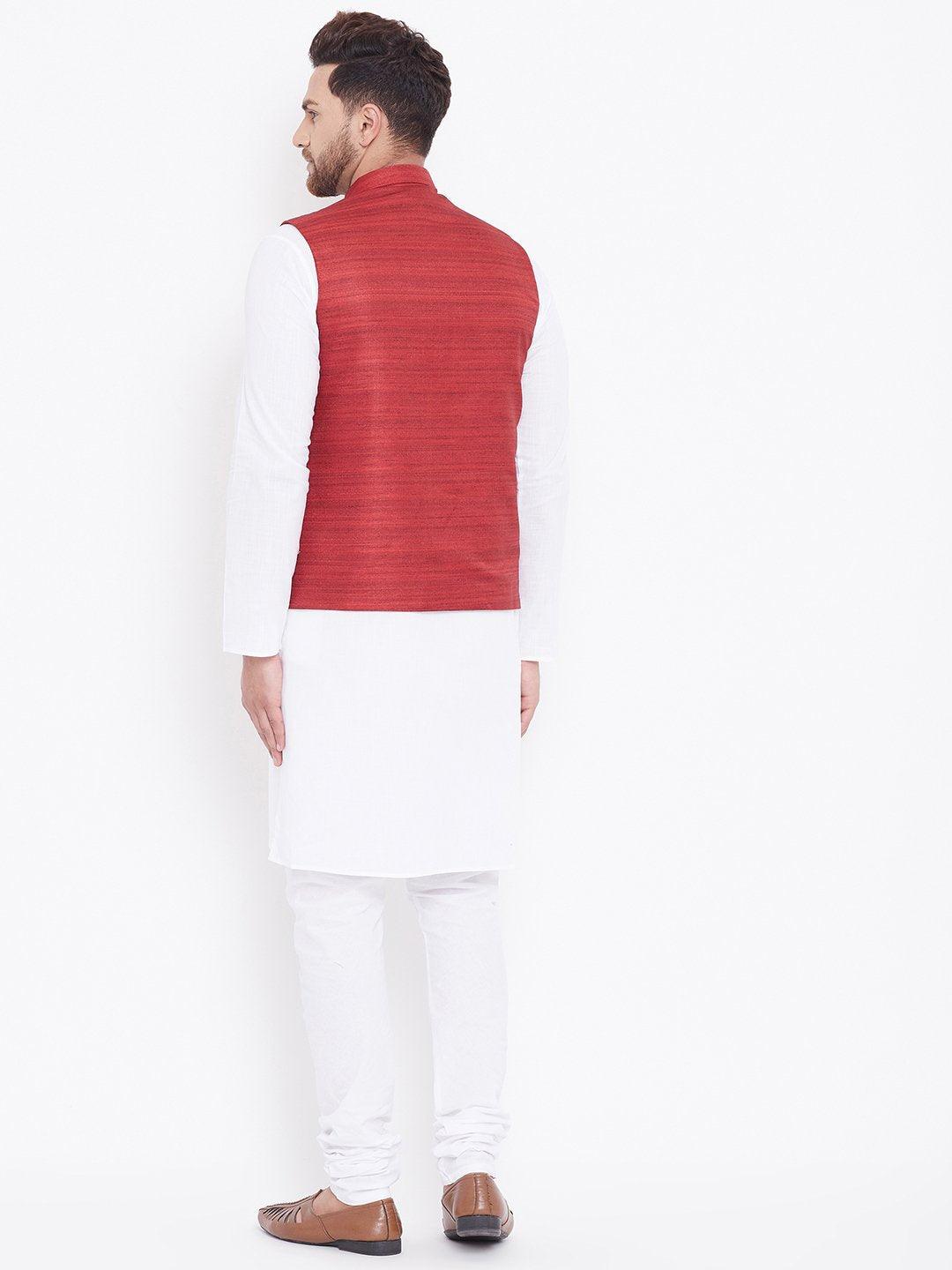 Men's Maroon And White Cotton Blend Jacket, Kurta and Pyjama Set - Vastramay - Indiakreations