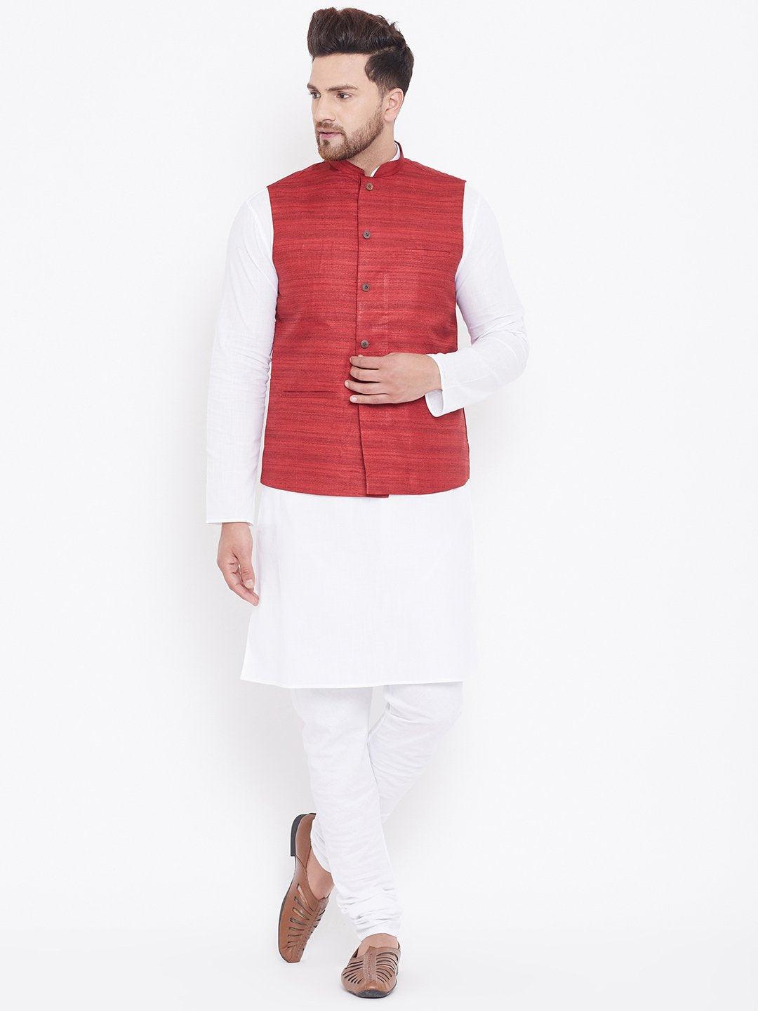 Men's Maroon And White Cotton Blend Jacket, Kurta and Pyjama Set - Vastramay - Indiakreations