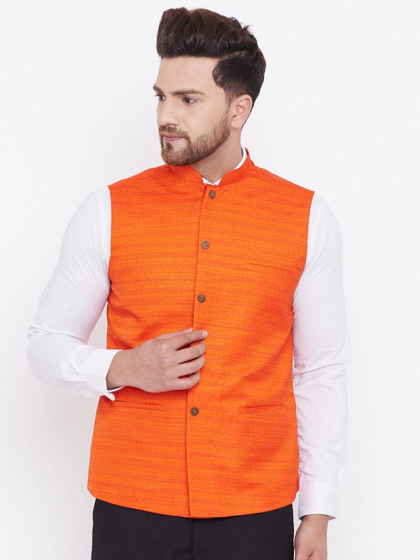 Men's Orange Silk Blend Nehru Jacket - Vastramay - Indiakreations