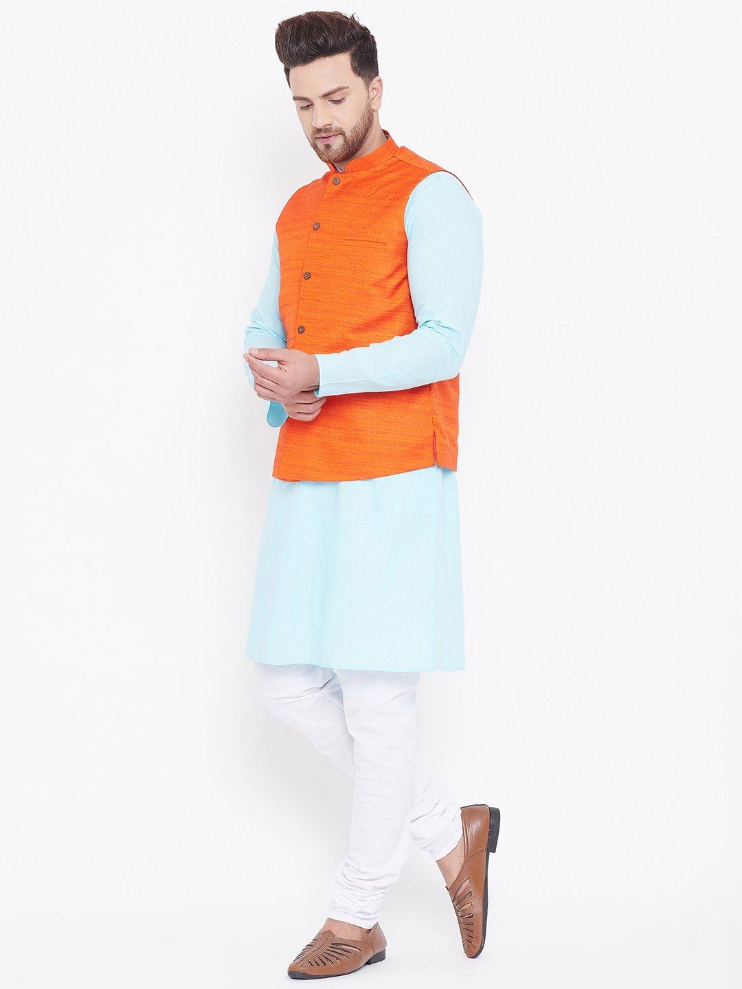 Men's Orange, Aqua And White Cotton Blend Jacket, Kurta and Pyjama Set - Vastramay - Indiakreations