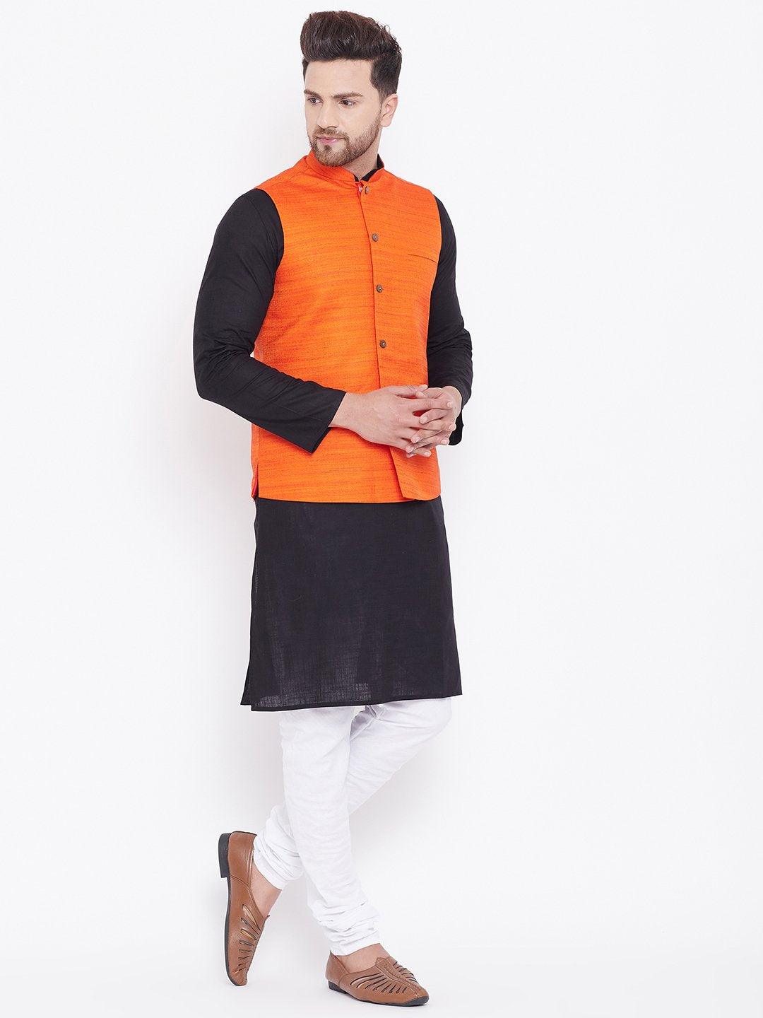 Men's Orange, Black And White Cotton Blend Jacket, Kurta and Pyjama Set - Vastramay - Indiakreations