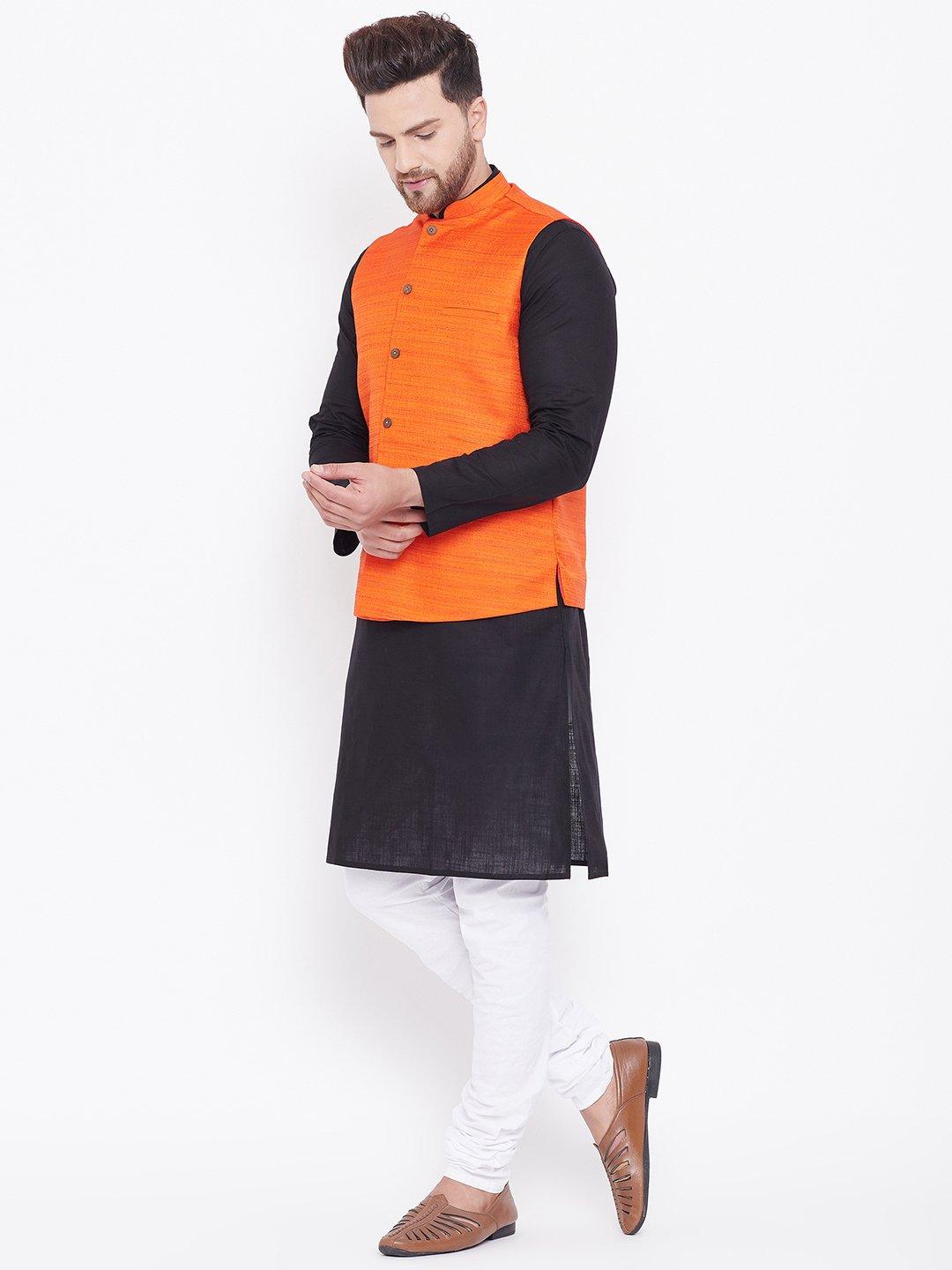 Men's Orange, Black And White Cotton Blend Jacket, Kurta and Pyjama Set - Vastramay - Indiakreations