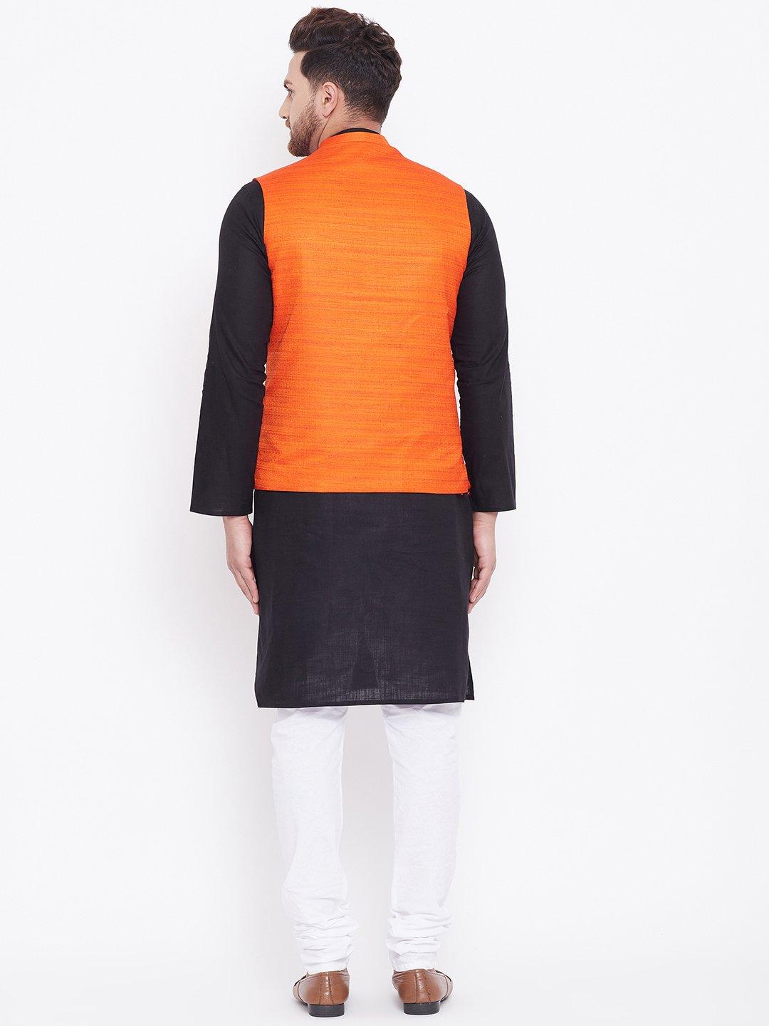 Men's Orange, Black And White Cotton Blend Jacket, Kurta and Pyjama Set - Vastramay - Indiakreations